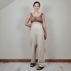 Vintage 80s 90s Oat Tan High Rise Cotton Linen Straight Leg Trouser Womens L/XL